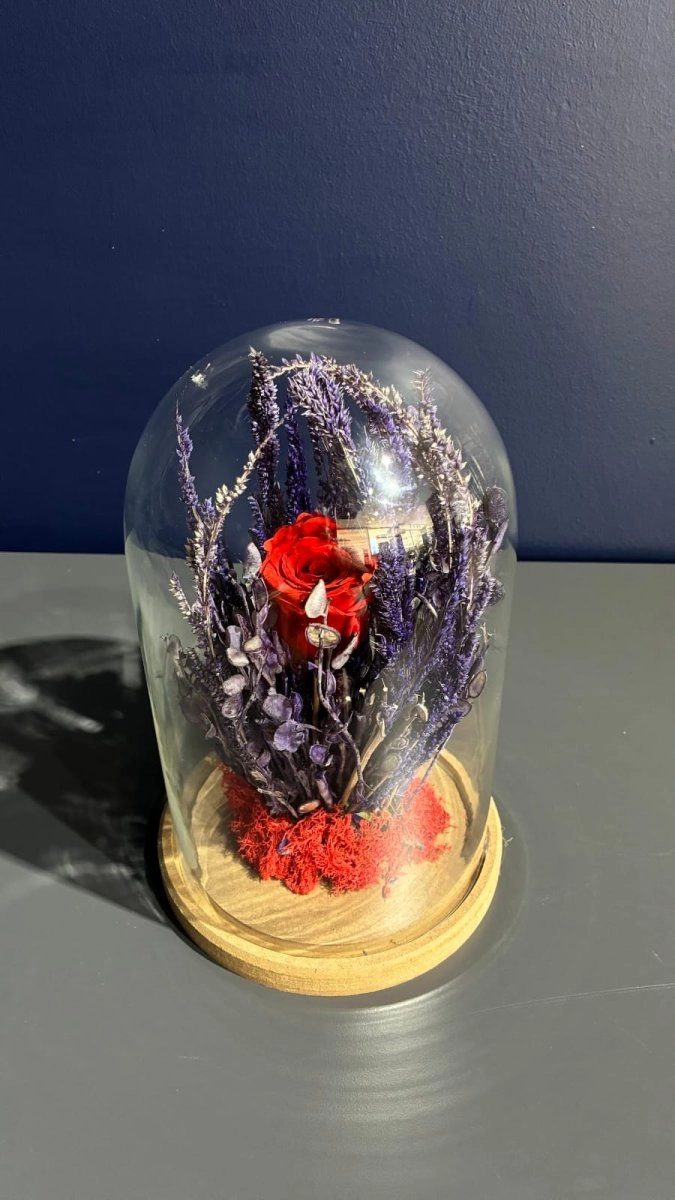 Kırmızı Solmaz Gül Kurşun Cam Aranjmanı