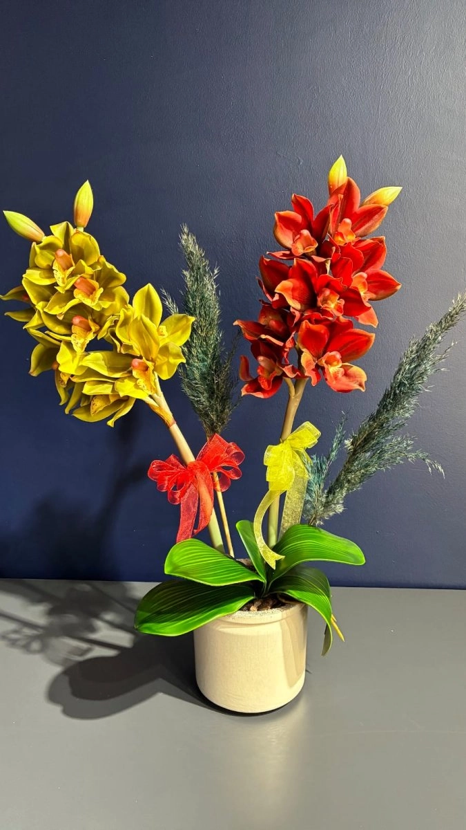 Sarı - Kırmızı Yapay Çift Dallı Orkide